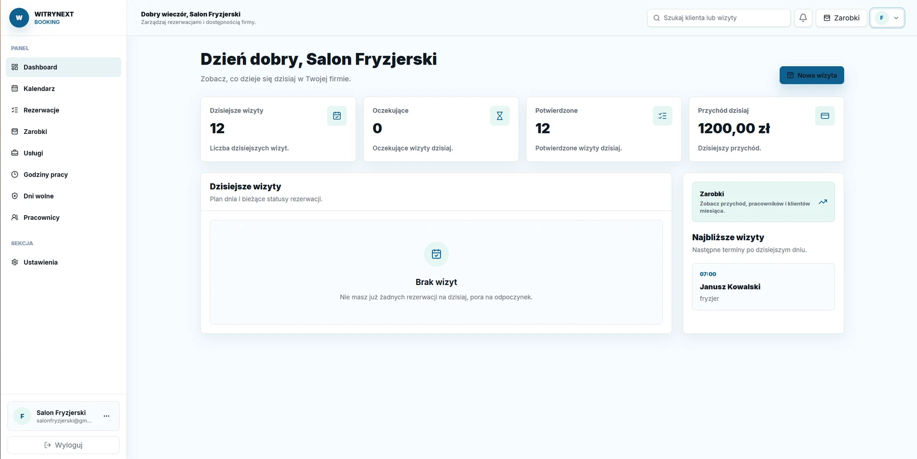 Panel WitryNext Booking: dashboard z dzisiejszymi wizytami, statystykami i najbliższymi rezerwacjami